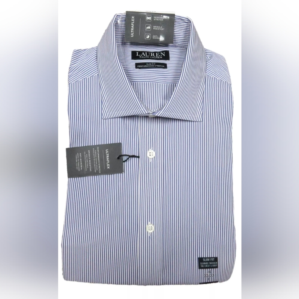 Ralph Lauren Blue/White Striped Men's Slim Fit Performance Stretch Dress Shirt
